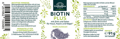 Biotin Plus mit Selen und Zink* - für Haut, Haare und Nägel - 365 Tabletten Unimedica Kornkammer Etikett