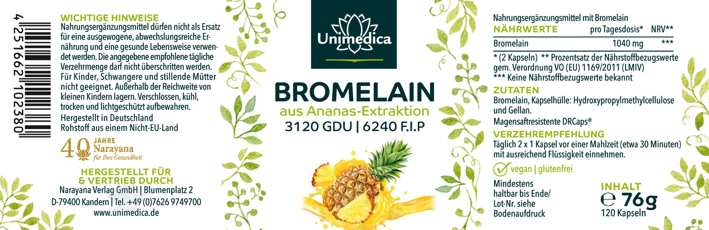 Bromelain - 1040 mg und 3.120 GDU | 6.240 F.I.P. pro Tagesdosis (2 Kapseln) - mit magensaftresistenten DR® Caps - 120 Kapseln