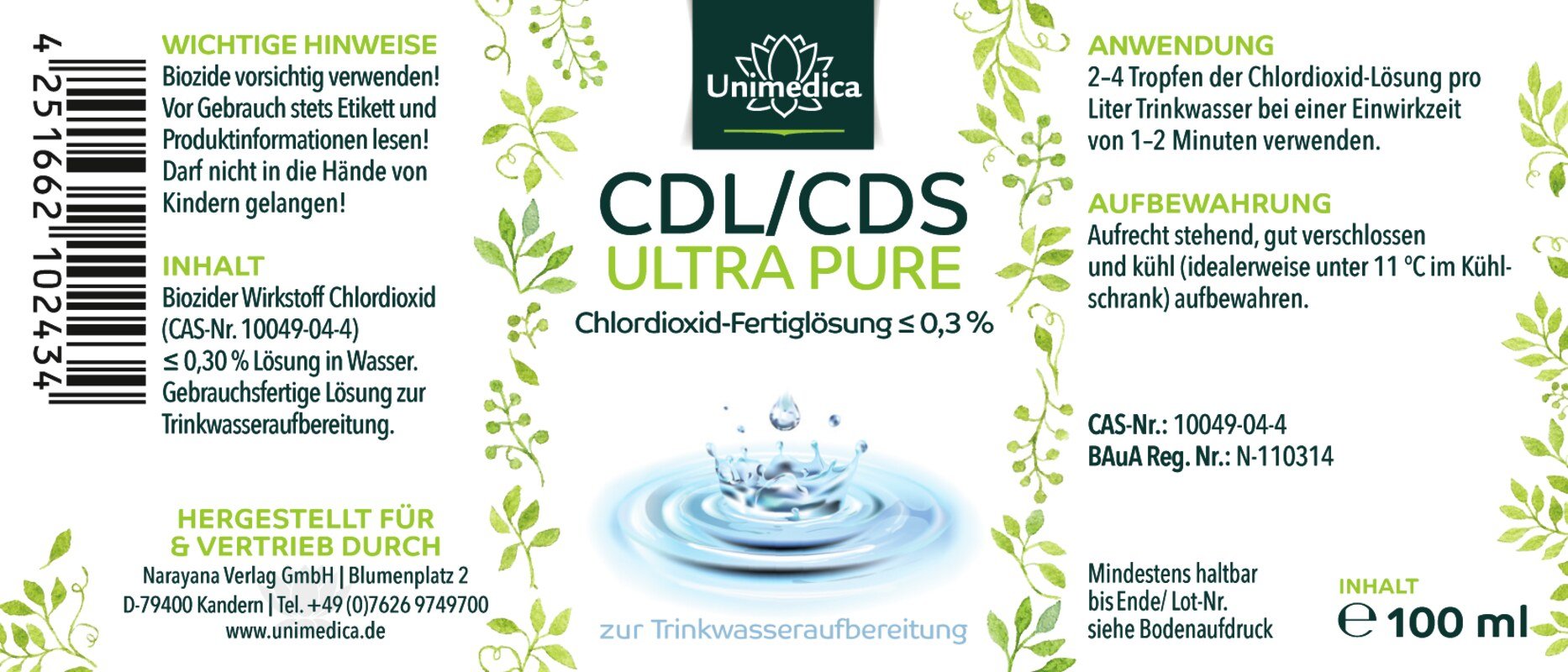 CDL/CDS 03% Chlordioxid Fertiglösung Unimedia Kornkammer Natur Trinkwasser gesund besser