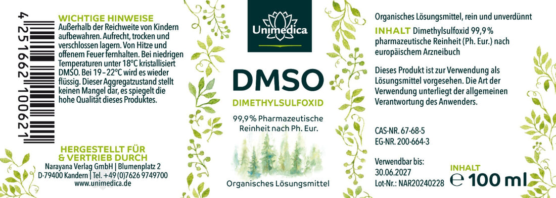 DMSO (DIMETHYLSULFOXID) von Unimedica ist frei von Aromen, Farbstoffen, Stabilisatoren, Konservierungsmitteln und Trennmitteln wie Magnesiumstearat sowie gentechnikfrei,