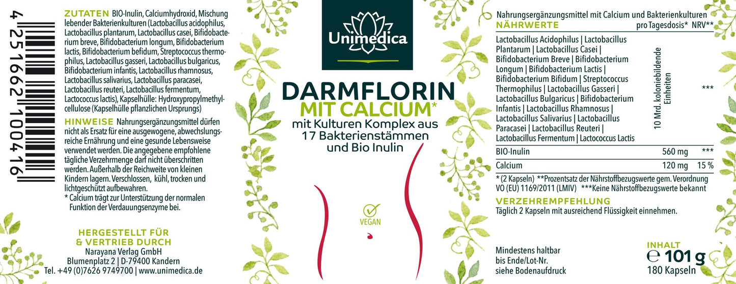 Darmflorin mit Calcium - mit Kulturen Komplex aus 17 Bakterienstämmen und Bio Inulin - 180 Kapseln