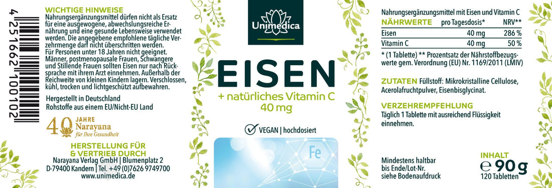 Eisen Bisglycinat - Eisen natürliches Vitamin C 40 mg Eisen und 40 mg Vitamin C pro Tagesdosis (1 Tablette) - hochdosiert - 120 Tabletten  Etikett