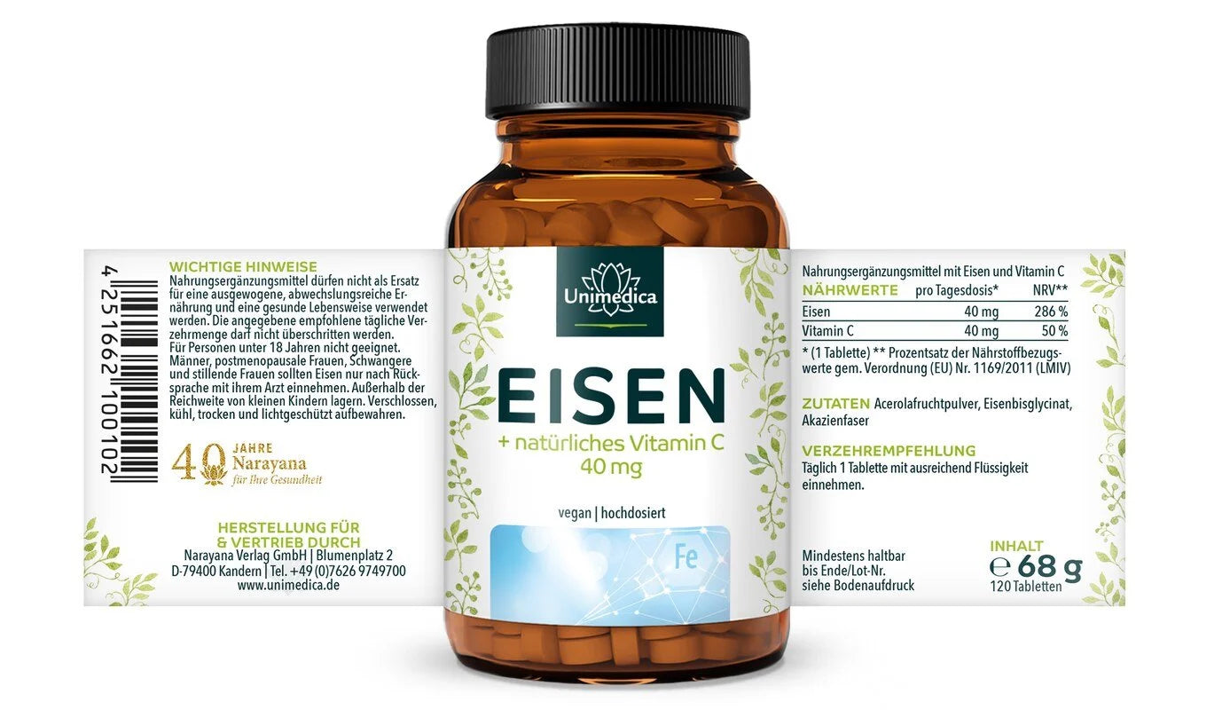 Eisen Bisglycinat - 40 mg Eisen und 40 mg Vitamin C pro Tagesdosis (1 Tablette) - hochdosiert - 120 Tabletten Etikett