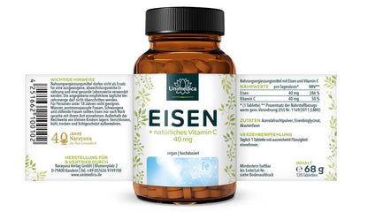 Eisen Bisglycinat - 40 mg Eisen und 40 mg Vitamin C pro Tagesdosis (1 Tablette) - hochdosiert - 120 Tabletten Etikett