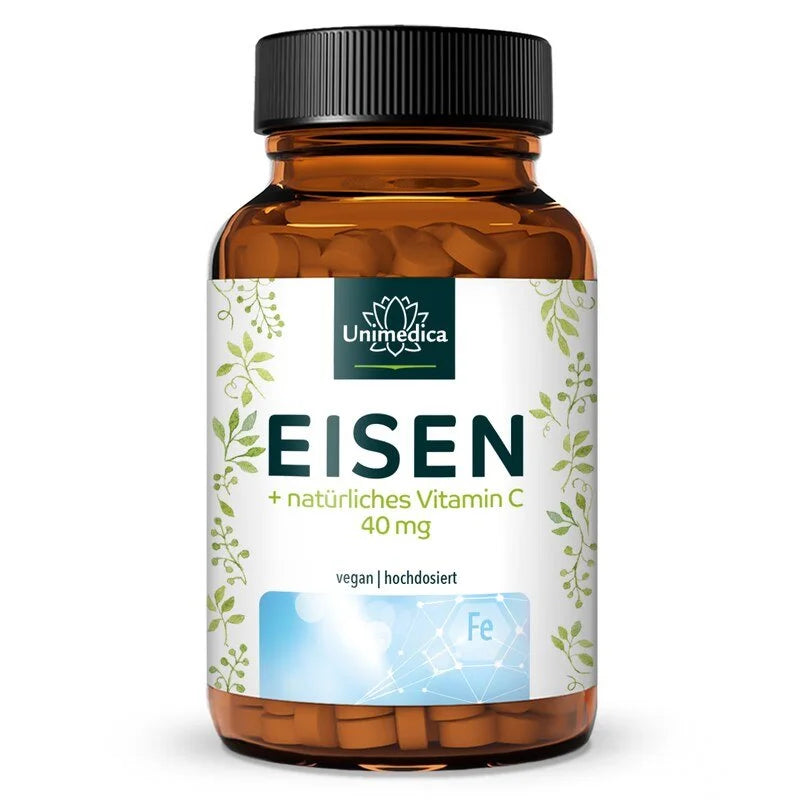Eisen Bisglycinat - 40 mg Eisen und 40 mg Vitamin C pro Tagesdosis (1 Tablette) - hochdosiert - 120 Tabletten Unimedica