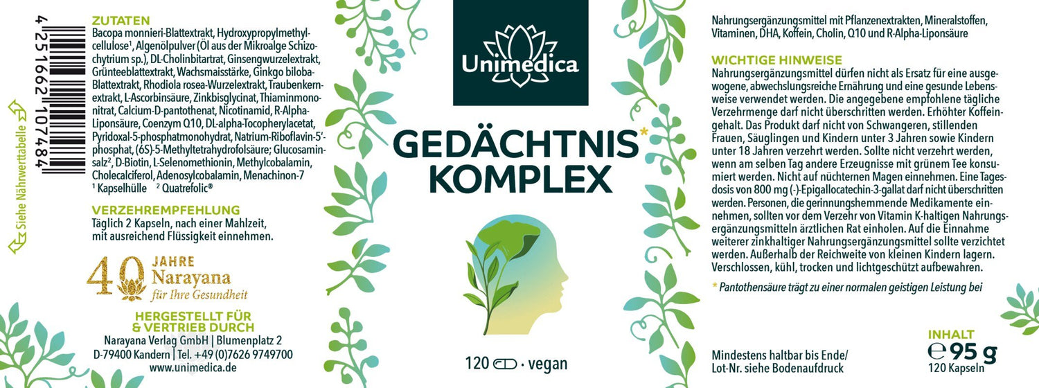 Gedächtnis* Komplex mit Ginkgo Extrakt - 120 Kapseln Zusammensetzung Unimedica Etikett