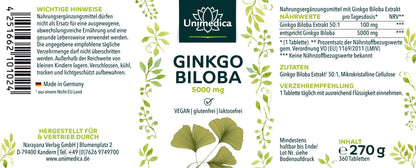 Ginkgo Biloba - 5.000 mg pro Tagesdosis - 360 Tabletten