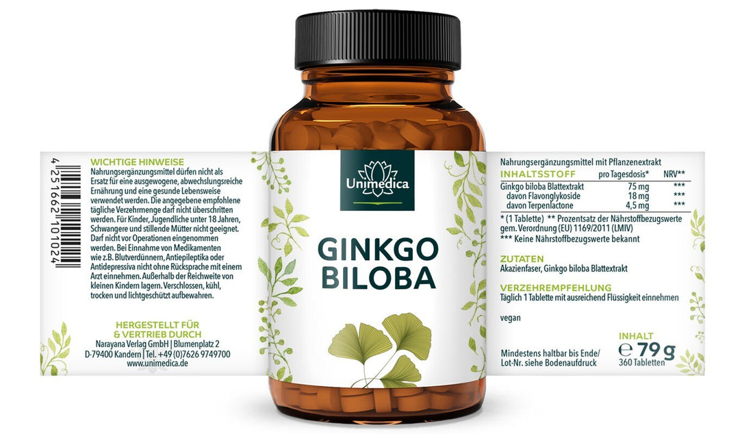 Ginkgo Biloba - 75 mg pro Tagesdosis - 360 Tabletten Unimedica Kornkammer Natur Etikett
