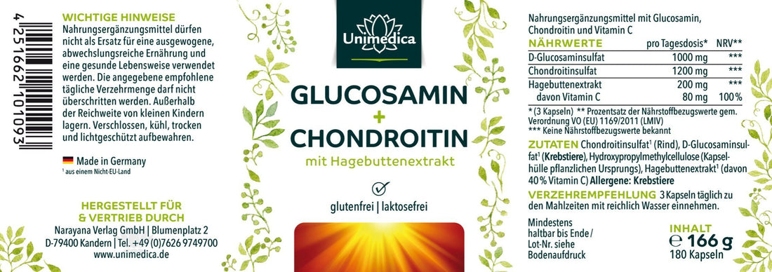 Glucosamin + Chondroitin - 180 Kapseln mit Hagebuttenextrakt 1000mg und 1200mg Etikett