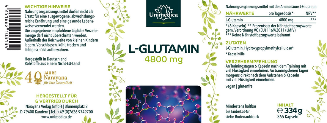 Glutamin - hochdosiert aus Fermentation - 4.800 mg L-Glutamin pro Tagesdosis (6 Kapseln) - 365 Kapseln