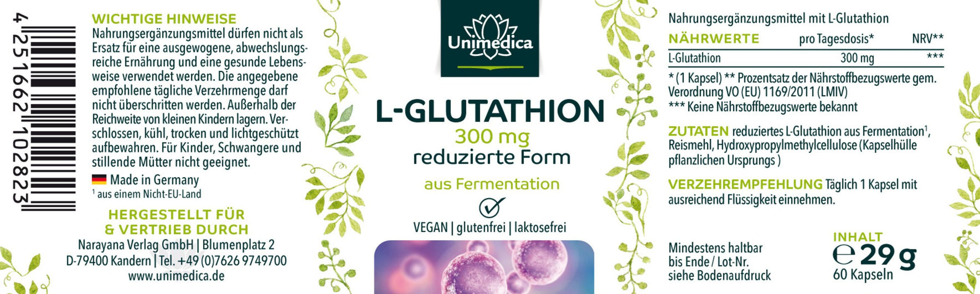Glutathion - reduziertes L-Glutathion aus natürlicher Fermentation - 300 mg pro Tagesdosis - Etikett