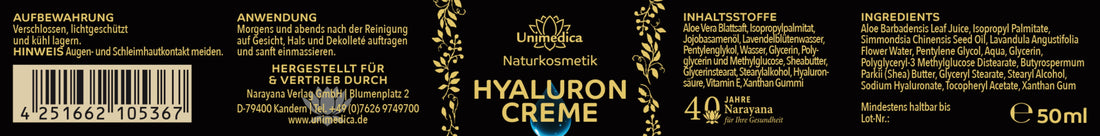 Hyaluron Creme - mit Aloe vera-Blattsaft, Hyaluronsäure und Lavendel - 50 ml Etikett