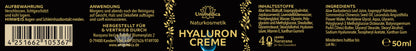 Hyaluron Creme - mit Aloe vera-Blattsaft, Hyaluronsäure und Lavendel - 50 ml Etikett