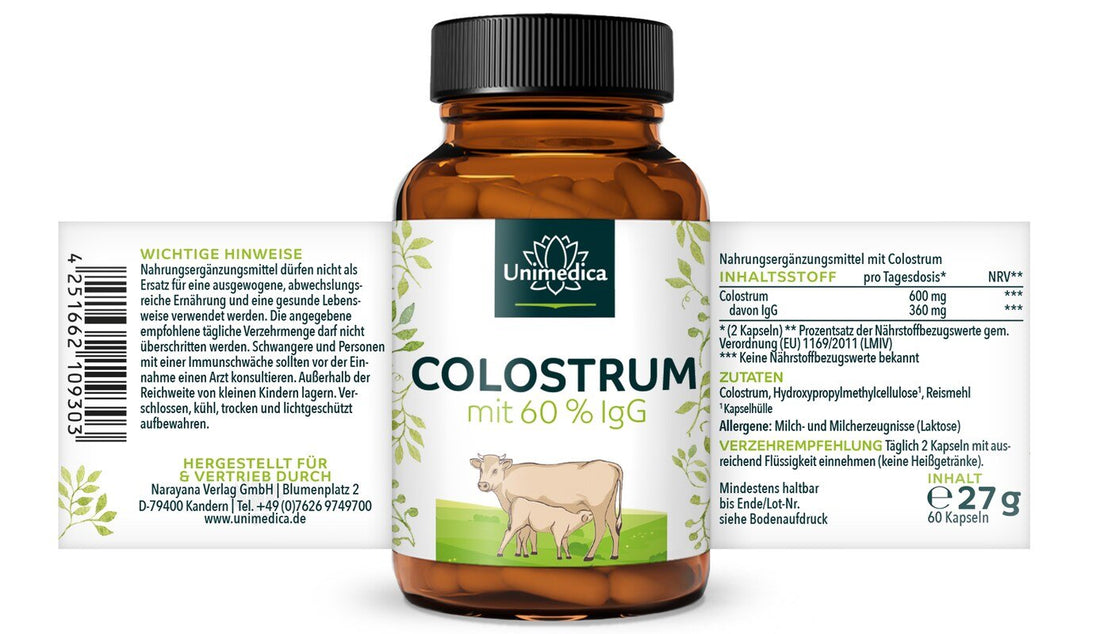Colostrum - 600 mg pro Tagesdosis (2 Kapseln) - mit 60 % IgG - 60 Kapseln etikett