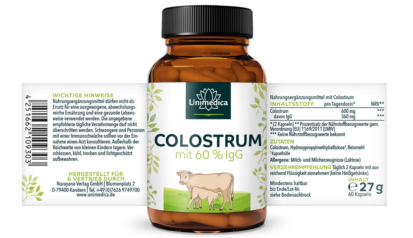 Colostrum - 600 mg pro Tagesdosis (2 Kapseln) - mit 60 % IgG - 60 Kapseln etikett