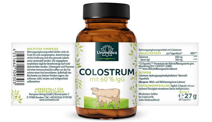Colostrum - 600 mg pro Tagesdosis (2 Kapseln) - mit 60 % IgG - 60 Kapseln etikett