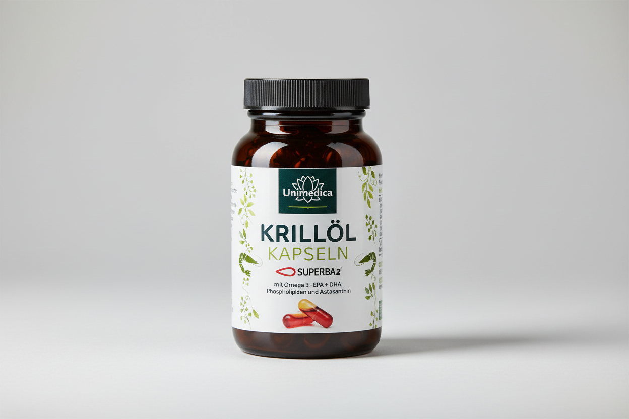 Das "Krillöl Kapseln" von Unimedica enthält Superba²-Krillöl mit Omega-3-Fettsäuren (EPA + DHA), Phospholipiden und Astaxanthin. Studio