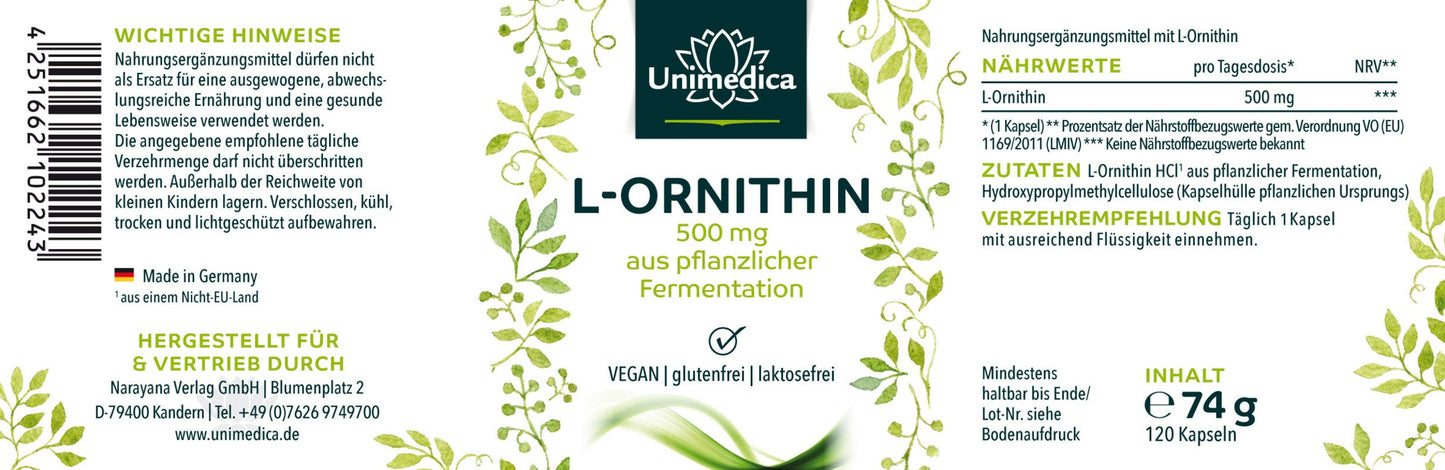 L-Ornithin - 500 mg pro Tagesdosis - 120 Kapseln