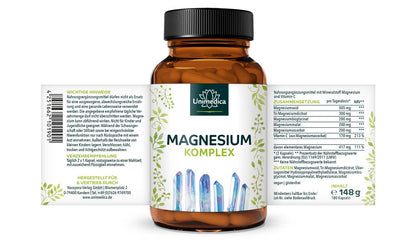 Magnesium Komplex - 417 mg elementares Magnesium pro Tagesdosis (2 Kapseln) - 180 Kapseln Etikett