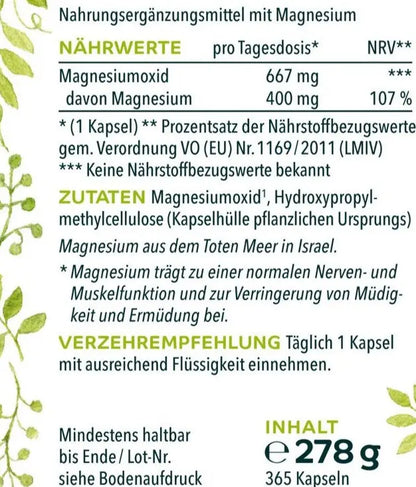Magnesium forte - 400 mg elementares Magnesium pro Tagesdosis Etikett Nährwerte
