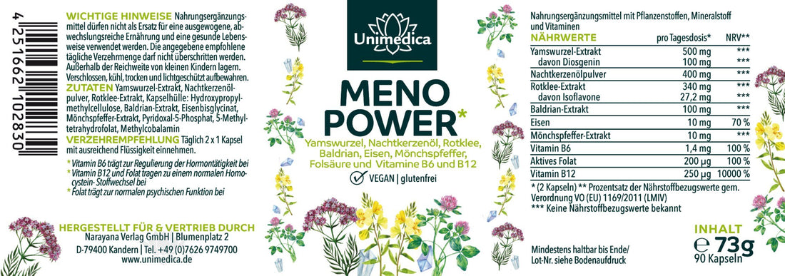 Menopower* - Komplex mit Yamswurzel, Nachtkerzenöl, Eisen und B-Vitaminen - 90 Kapseln Etikett Unimedica
