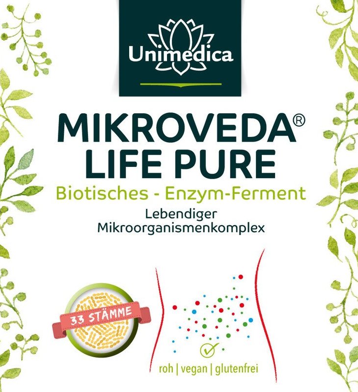 MikroVeda (R) Life Pure - Biotisches Enzym-Ferment - Bio - 33 Bakterienstämme lebendiger Mikroorganismenkomplex - 500 ml Etikett