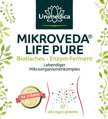 MikroVeda (R) Life Pure - Biotisches Enzym-Ferment - Bio - 33 Bakterienstämme lebendiger Mikroorganismenkomplex - 500 ml Etikett