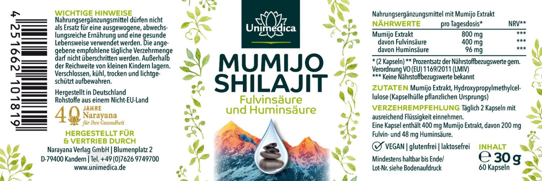 Mumijo Shilajit - 800 mg pro Tagesdosis (2 Kapseln) - Huminsäure und Fulvinsäure aus dem Himalaya - 60 Kapseln Etikett