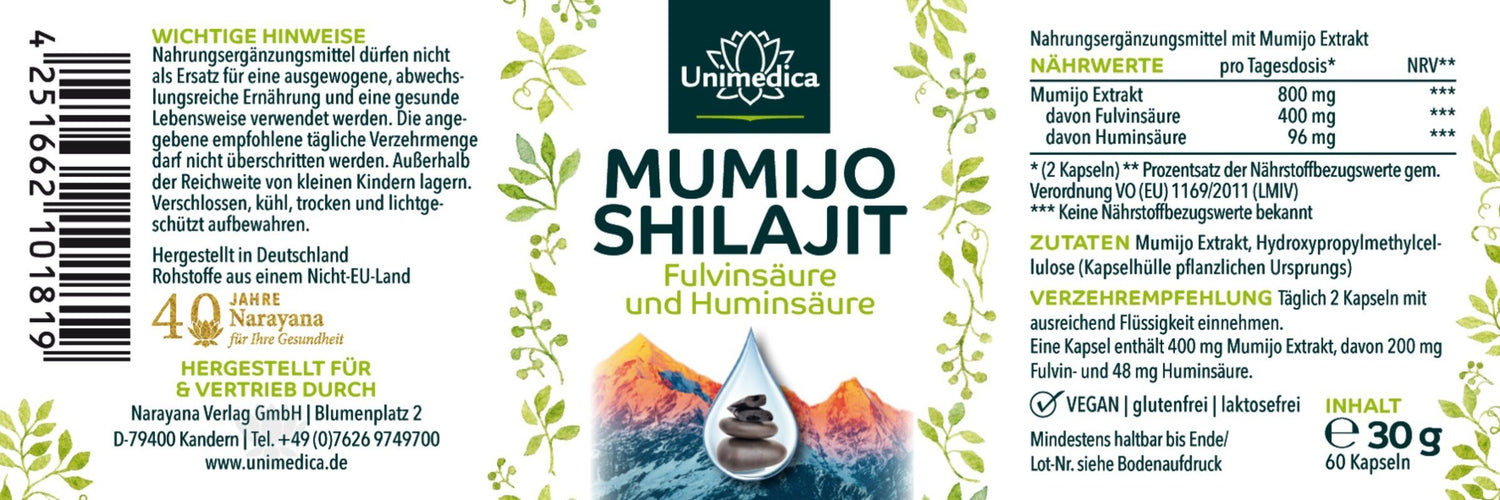 Mumijo Shilajit - 800 mg pro Tagesdosis (2 Kapseln) - Huminsäure und Fulvinsäure aus dem Himalaya - 60 Kapseln Etikett