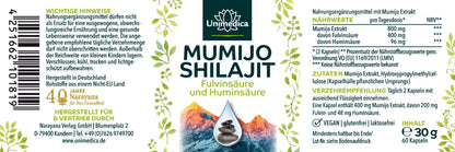 Mumijo Shilajit - 800 mg pro Tagesdosis (2 Kapseln) - Huminsäure und Fulvinsäure aus dem Himalaya - 60 Kapseln Etikett