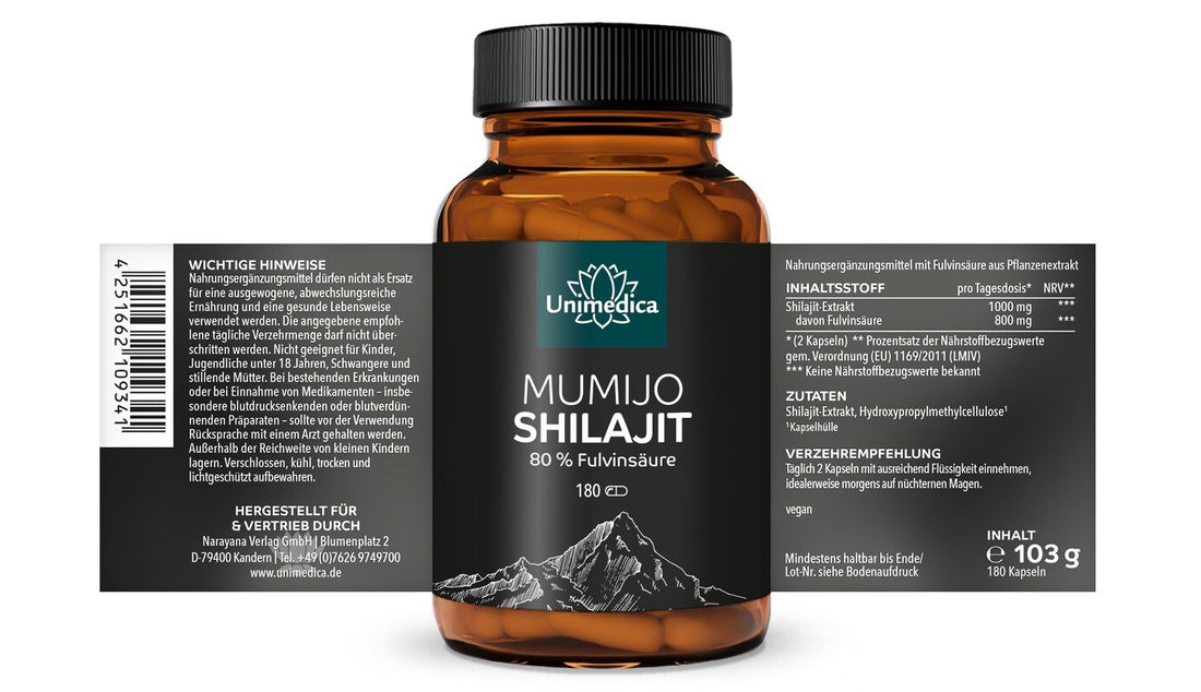 Mumijo Shilajit mit 80% Fulvinsäure - 180 Kapseln Unimedica Kornkammer Etikett