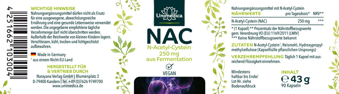 NAC - 250 mg pro Tagesdosis - N-Acetyl-Cystein aus natürlicher Fermentation - 90 Kapseln