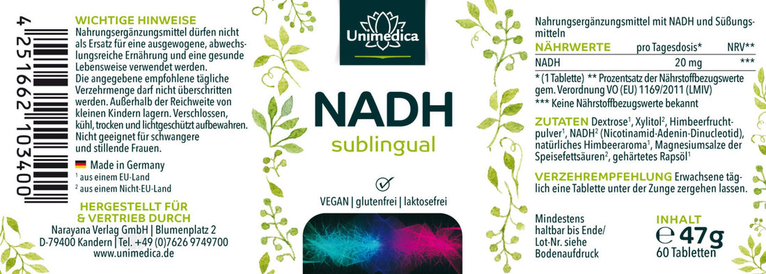 NADH sublingual - 20 mg pro Tagesdosis - 60 Tabletten Etikett