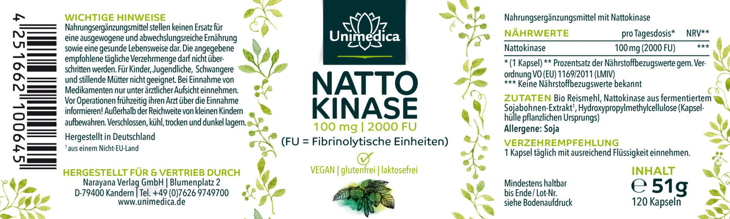 Nattokinase - 100 mg / 2000 FU pro Tagesdosis - Etikett