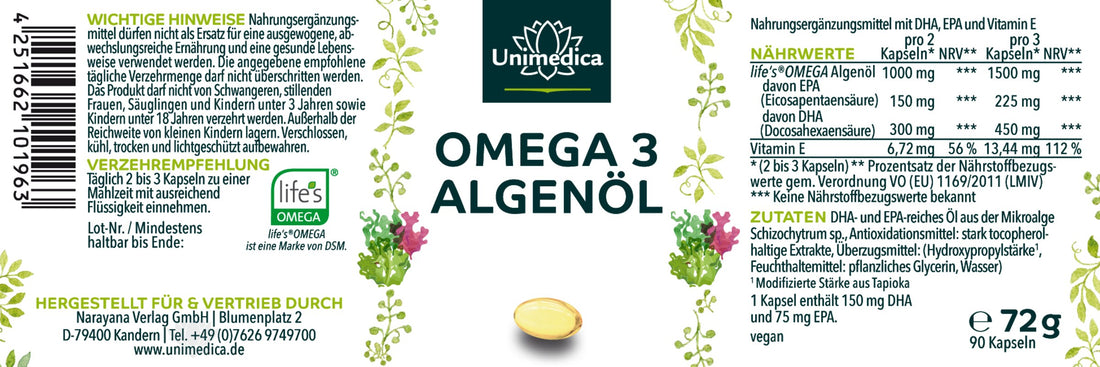 Omega 3 Algenöl 90 Kapseln - Vegan Etikett