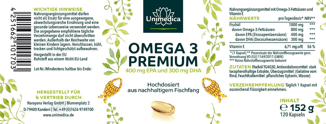 Omega 3 - Premium Fischöl mit 400 mg EPA und 300 mg DHA - hochdosiert - 120 Softgelkapseln Etikett