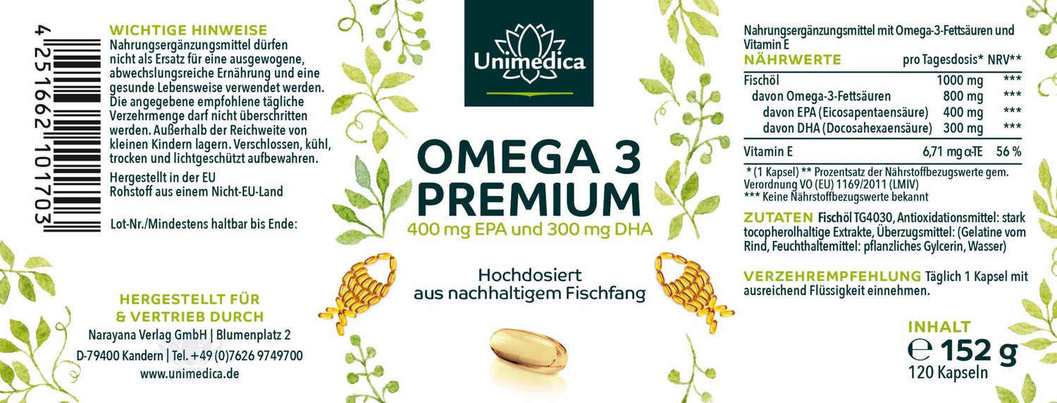 Omega 3 - Premium Fischöl mit 400 mg EPA und 300 mg DHA - hochdosiert - 120 Softgelkapseln Etikett