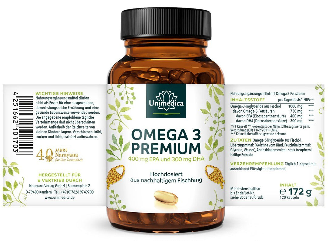 Omega 3 Fischöl mit 1000 mg pro Tagesdosis - 400 Kapseln Etikett