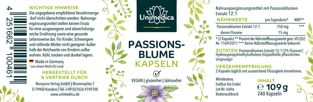 Passionsblume - 750 mg pro Tagesdosis (2 Kapseln) - 240 Kapseln