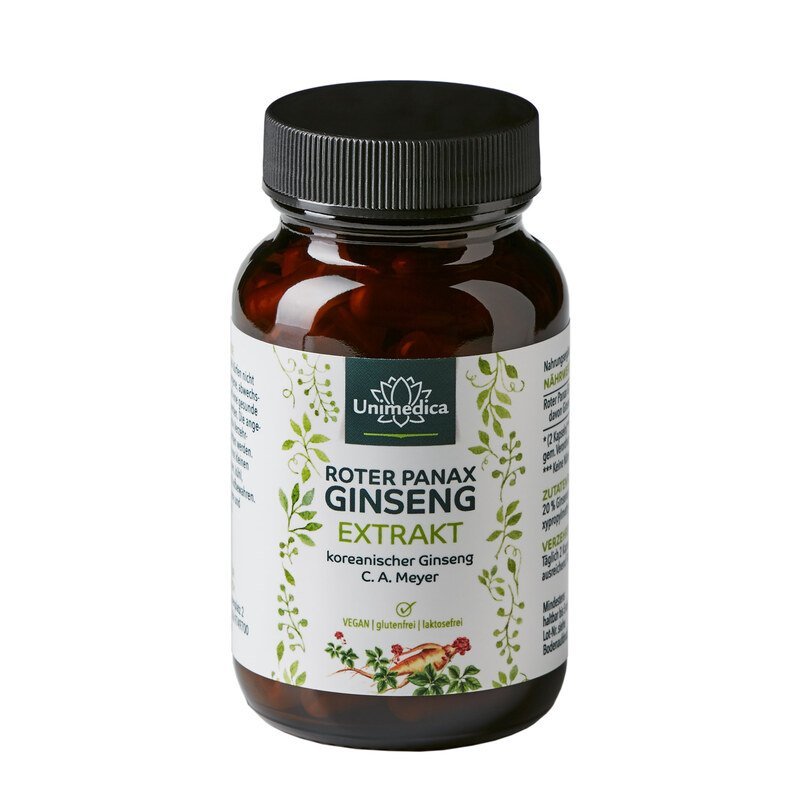 Roter Panax Ginseng Extrakt - koreanischer Ginseng C.A. Meyer - 480 mg pro Tagesdosis - 20 % Ginsenoside - 100 Kapseln - NahrungsergänzungUnimedica Kornkammer Natur