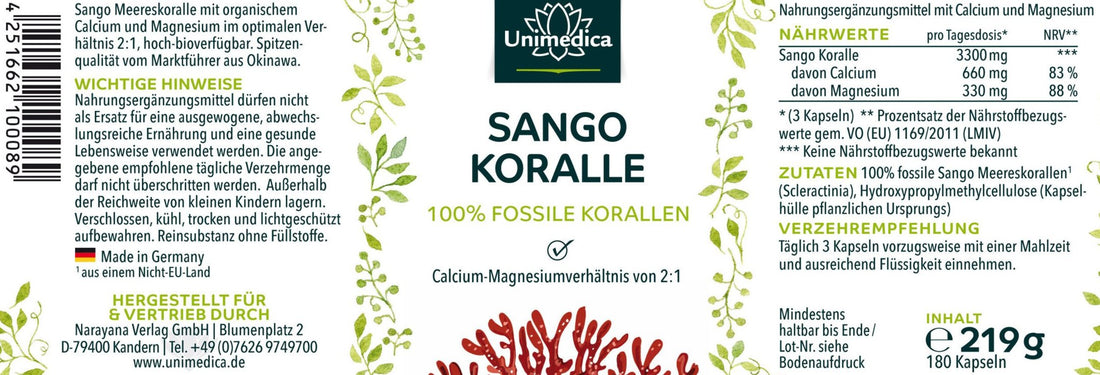 Sango Koralle - 100 % fossile Korallen aus Okinawa (Japan) - 3.300 mg pro Tagesdosis (3 Kapseln) - 180 Kapseln