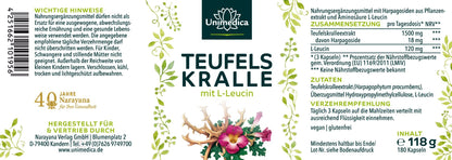 Teufelskralle - mit L-Leucin - 180 Kapseln - Unimedica - Etikett