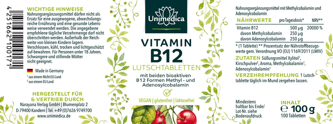 Vitamin-B12 Lutschtabletten mit beiden bioaktiven B12 Formen Methyl und Adenosylcobalamin vegan glutenfrei und lakotsefrei