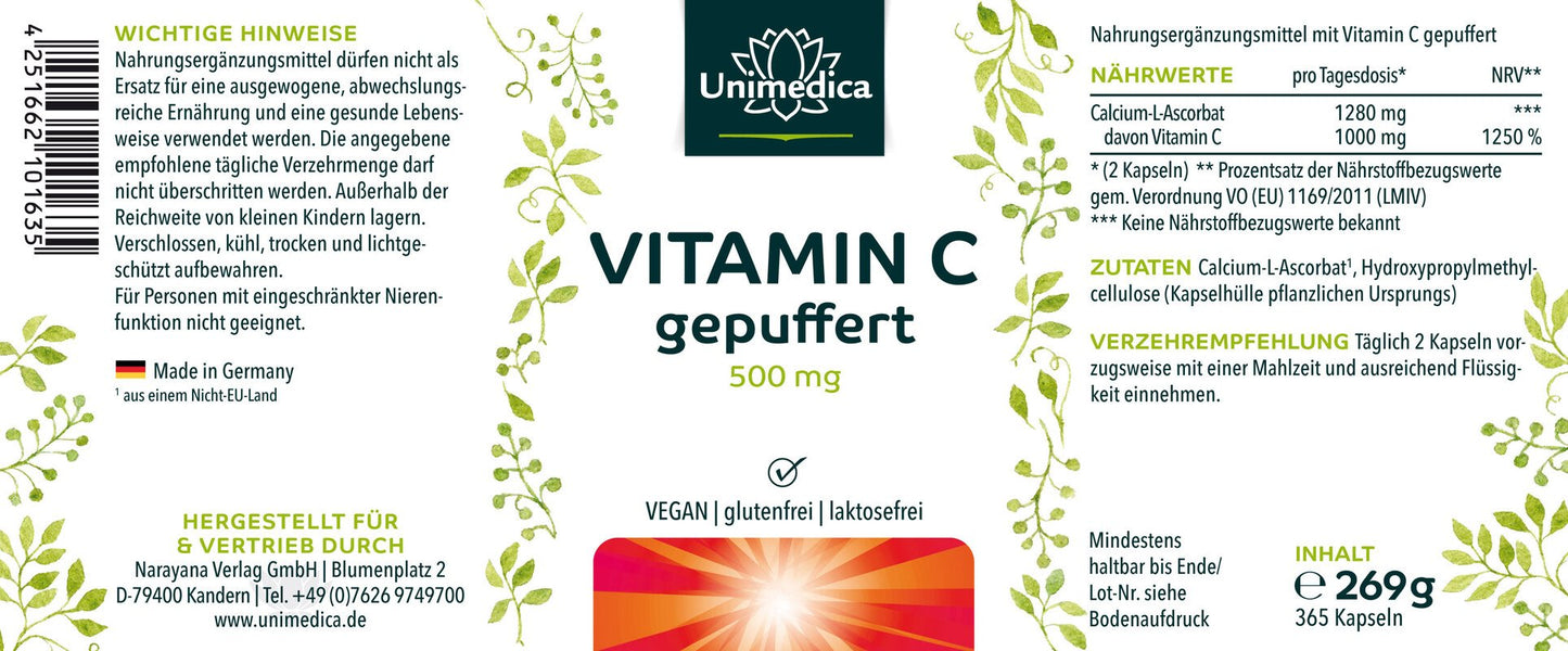 Vitamin C gepuffert - 1.000 mg pro Tagesdosis (2 Kapseln) - 99 % Reinheit - 365 Kapseln