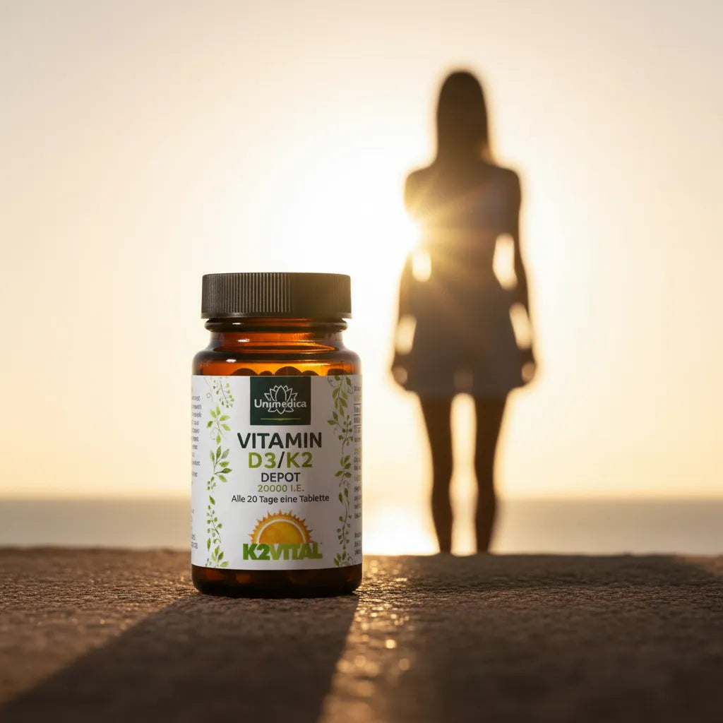 Vitamin D3 / K2 MK7 All-trans Depot - D3 20.000 I.E. 500µg / K2 200 µg Frau mit Sonne