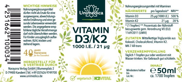 Vitamin D3 / K2 MK7 All-trans - K2VITAL® - D3 1000 I.E. 25 µg / K2 21 µg pro Tagesdosis - 50 ml