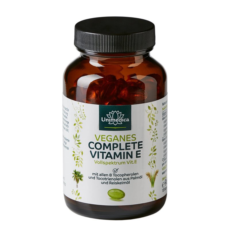 Veganes Complete Vitamin E – Hochwertiges Nahrungsergänzungsmittel mit allen 8 Tocopherolen und Tocotrienolen aus Palmöl und Reiskeimöl für eine optimale Vitamin-E-Versorgung.
