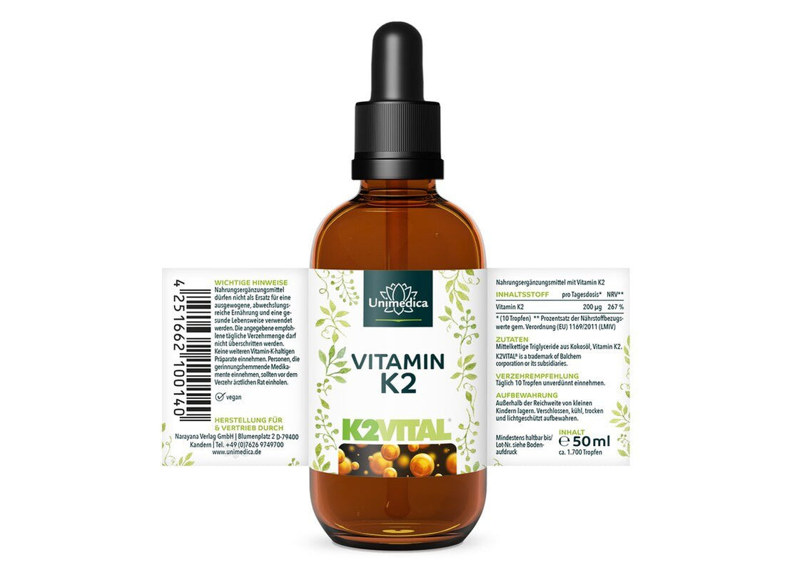 Vitamin K2 Tropfen - K2Vital - 200 µg pro Tagesdosis (10 Tropfen) - MK7 All-trans - aus Norwegen - hochdosiert -Etikett