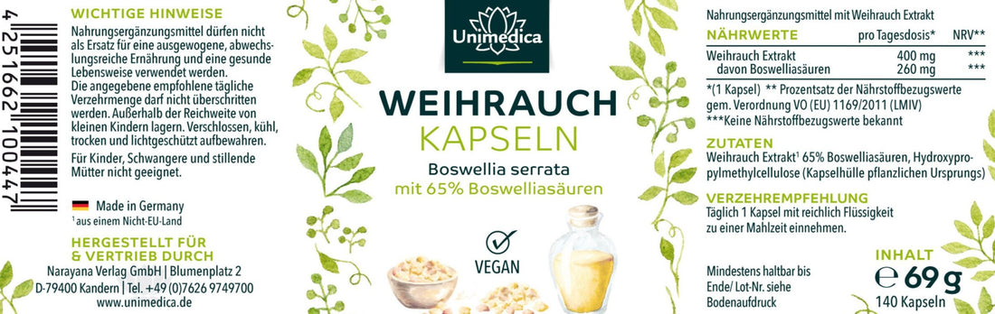 Weihrauch - Boswellia serrata - 400 mg pro Tagesdosis (1 Kapsel) -  Etikett