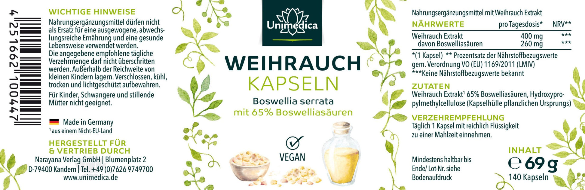 Weihrauch - Boswellia serrata - 400 mg pro Tagesdosis (1 Kapsel) -  Etikett